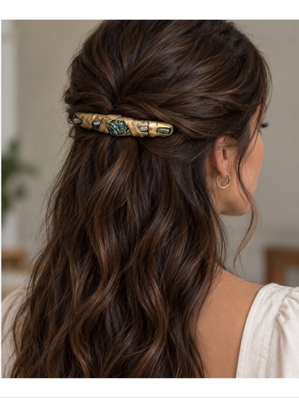 Gold and Green Stone Hair Barrette - Women Accessories